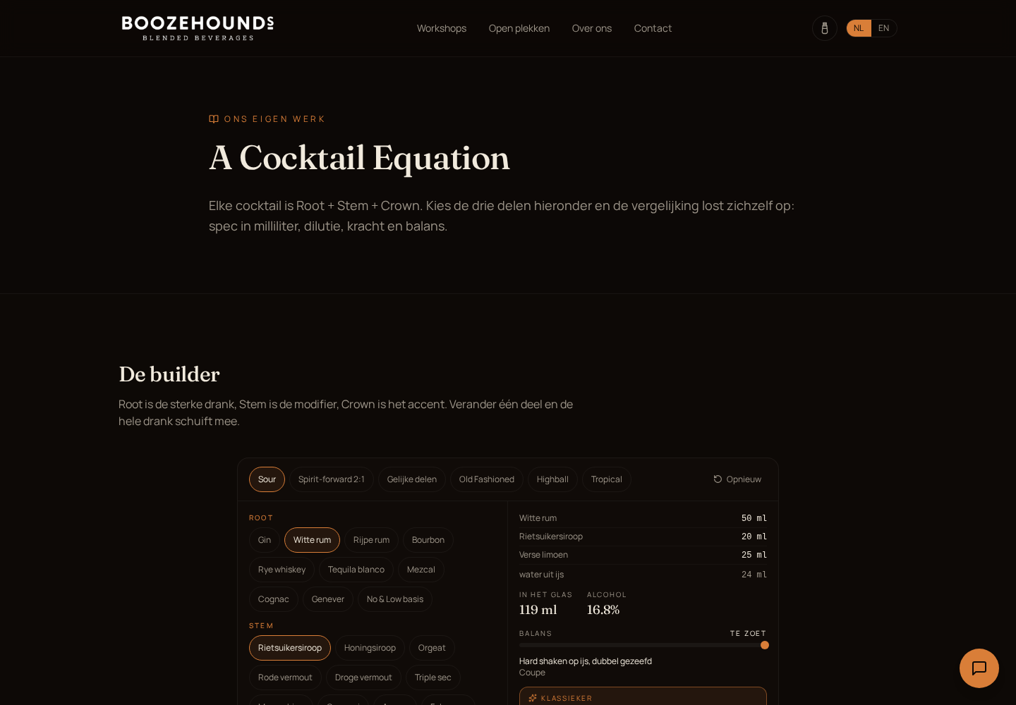 Boozehounds — AI-Guided Workshop Booking — Interactive Cocktail Equation builder