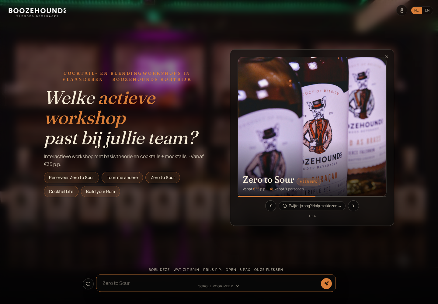 Boozehounds — AI-Guided Workshop Booking — An adaptive recommendation shown beside the conversation